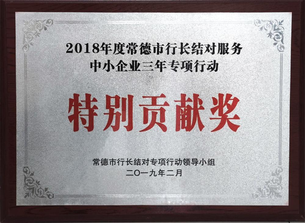 2018年度常德市行長結(jié)對服務(wù)中小微企業(yè)三年專項行動特別貢獻獎