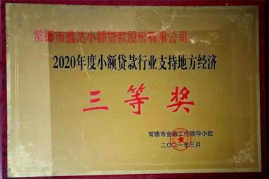 2020年度融資擔(dān)保行業(yè)支持地方經(jīng)濟(jì)三等獎—常德鑫達(dá)小額貸款股份有限公司